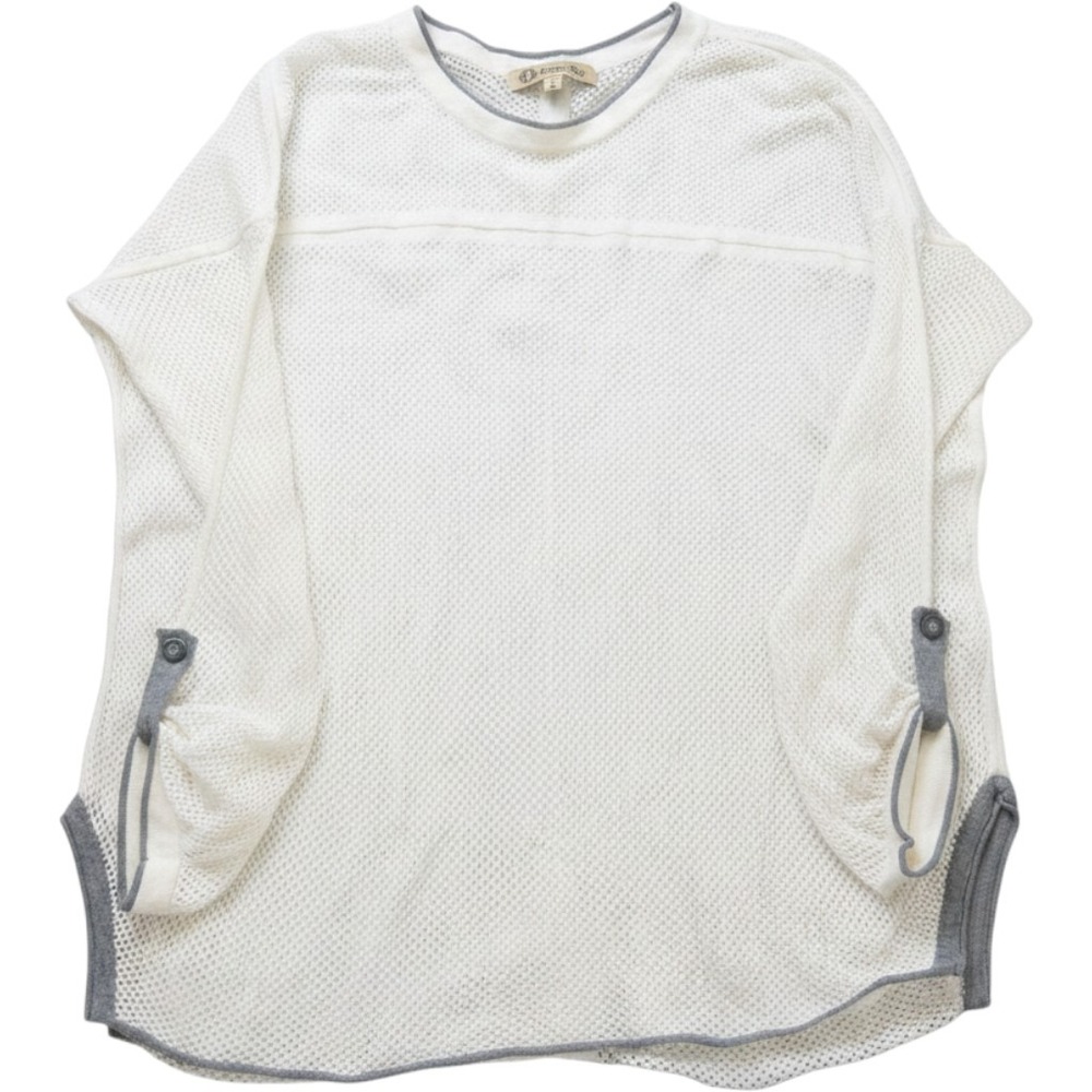 Democracy Womens XL Ivory Open Knit Sweater Grey Trim Tab Sleeve Mesh Top